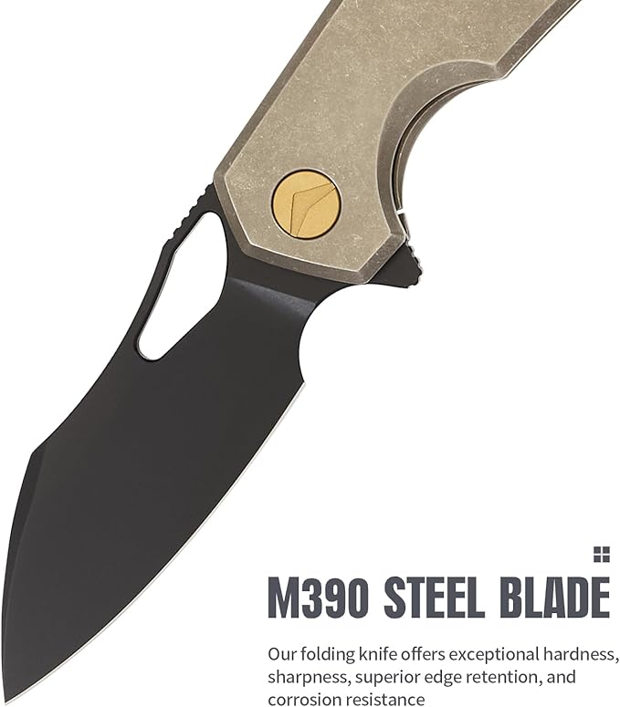 Folding Knife pocket knife EDC Knife With Clip Survival knife Camping knife - M390 Steel Titanium Handle - Outdoor Camping Survival Hunting knife with Sheath (Bronze)