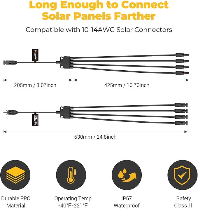 BougeRV Solar Y Branch Connectors Extra Long Solar Panel Parallel Connectors 1 to 4 Solar Cable Wire Plug Tool Kit (2 Pairs/M/FFFF and F/MMMM)