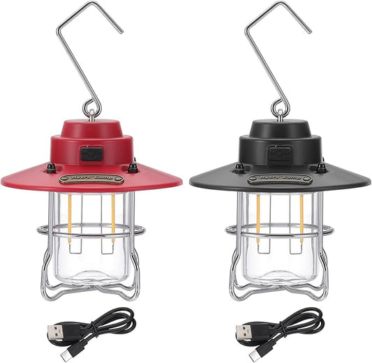 PATIKIL LED Camping Lantern, 2 Pack Vintage Rechargeable Lantern 3 Light Modes Portable Hanging Outdoor Tent Light for Camping, Hiking, Fishing, Red, Black 3.66 Inch