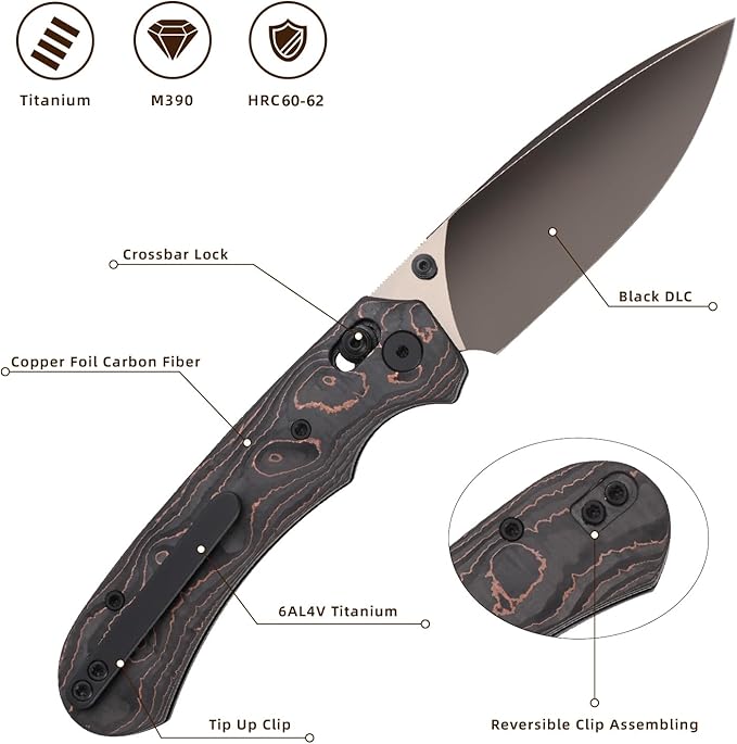 Folding Pocket Knife,3.31” M390 Blade,Erogonomic Titanium Handle,Hunting Survival Knife,EDC Knife for Hunting Camping Survival Outdoor Fishing Hiking（Black&Brown）