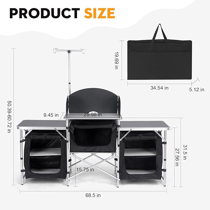Camping Kitchen Table, Folding Table,Outdoor Cooking Table with Storage Carrying Bag, Aluminum Cook Station with Windscreen and 3 Multifunctional Storage Cupboards, BBQ, Outdoor, RV, Party