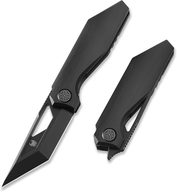 Knife Shimo Folding Knife,2.56" M390 Stonewashed Pocket Knife,3.86" Titanium Handle Frame Lock Thumb Hole & Front Flipper Knife,Small EDC Knife for Outdoor Camping Black