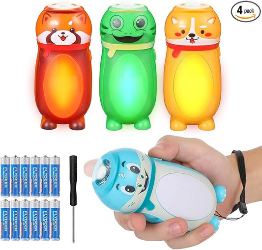 4 Pack Small Mini LED Flashlights for Kids - Cute Small Animal Flashlight - 2 in 1 Camping Lantern Flashlight - Christmas Gifts Stocking Stuffers for Girls Boys