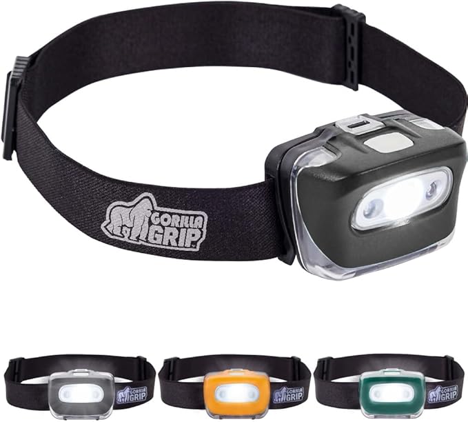 GORILLA GRIP Ultra Bright High Lumens LED Head Lamp, 7 Light Modes Water Resistant IPX4 Headlamp, Adjustable Headband, Battery Powered Outdoor Running, Camping Forehead Flashlight Lamps, 1 Pack Black