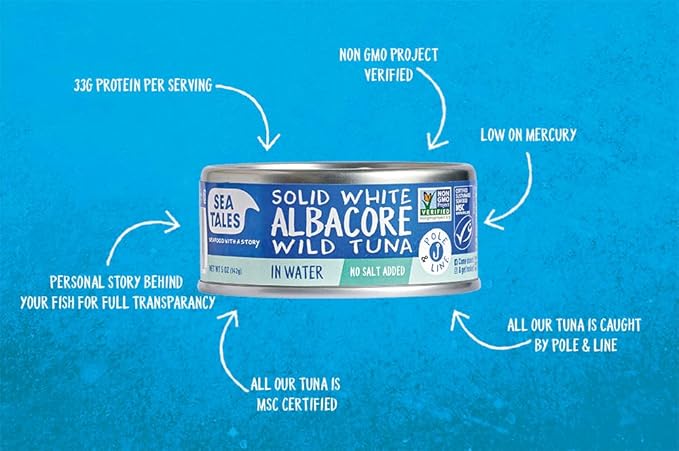 Sea Tales Solid White Albacore Canned Tuna in Water - No Salt Added - 100% Pole & Line Wild Sustainably Caught - BPA Free - High Protein Food - Keto Friendly - 5 oz. Cans (Pack of 12)