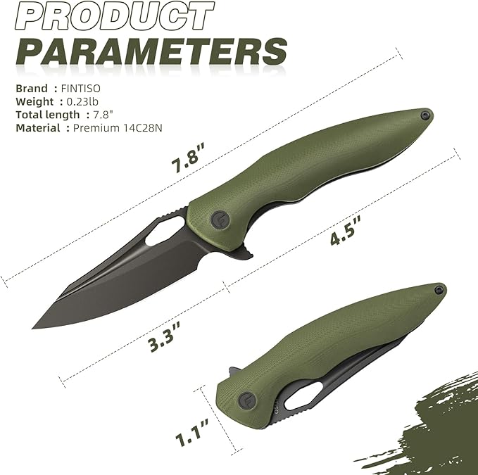 FINTISO Apollo Pocket Knife, 3.3" 14C28N Blade G10 Handle Folding Knife with Liner Lock, Small EDC Knife with Pocket Clip for Camping, Survival, Hunting, Unique Gift for Men Women