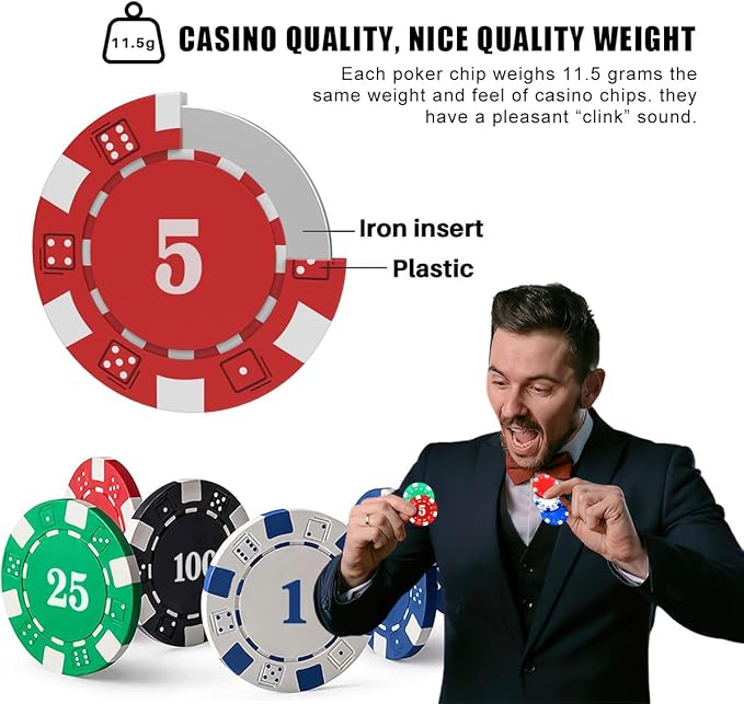 100Pcs Poker Chip with Denominations, Casino Poker Chips Set with Numbers, 11.5 Gram Clay Composite Plastic Poker Chips for Casino Card Games Texas Holdem Blackjack (General Packaging)