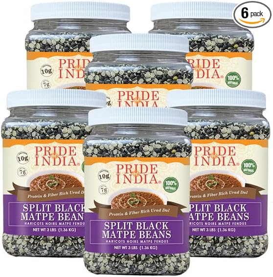 Pride Of India - PACK of 6 - Indian Split Black Gram Matpe Beans - Protein & Fiber Rich Urad Dal, 3 Pound Jar