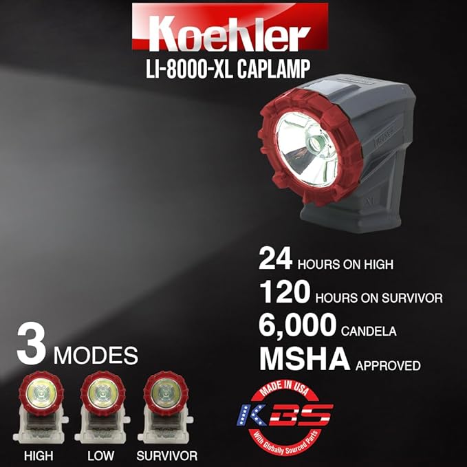 Koehler LI-8000-XL LED Cap Lamp ??MSHA Certified, 185 Lumens, Water & Drop Proof, Advanced LED Technology, Made in USA ??Ultimate Brightness & Safety for Mining