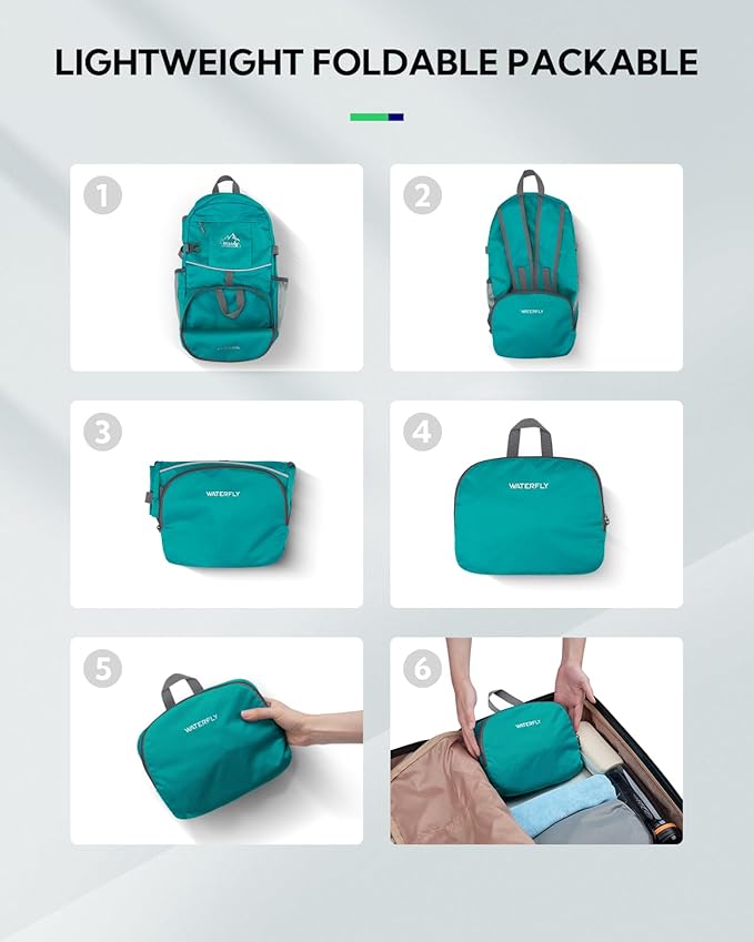 WATERFLY Hiking Foldable Daypack Backpack: 25L Ultra Lightweight Waterproof Day Pack for Woman Man - Small Compact Packable Folding Back Pack for Outdoor Sport Cycling Biking Travel Trip - Turquoise