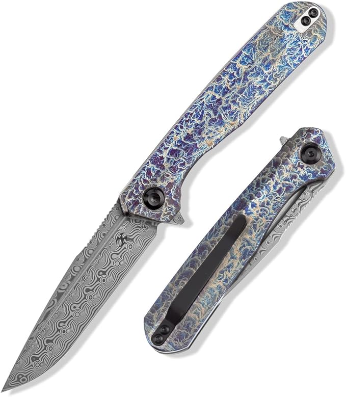 KANSEPT Qilin Pocket Knife, 3.24'' Damascus Sharp Blade, Titanium Lightning Strike Finish Handle for Edc, Flipper and Liner Lock with Double-Sided Clip, Men Camping Survival Folding Knives K1047A3