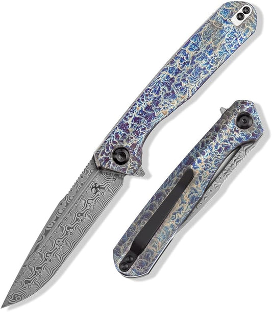 KANSEPT Qilin Pocket Knife, 3.24'' Damascus Sharp Blade, Titanium Lightning Strike Finish Handle for Edc, Flipper and Liner Lock with Double-Sided Clip, Men Camping Survival Folding Knives K1047A3