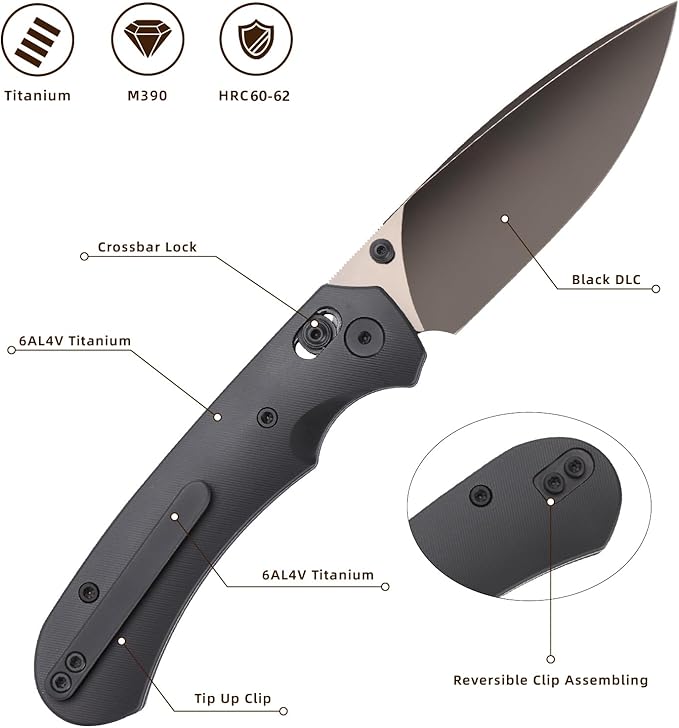 Folding Pocket Knife,3.31” M390 Blade,Erogonomic Titanium Handle,Hunting Survival Knife,EDC Knife for Hunting Camping Survival Outdoor Fishing Hiking（Black）