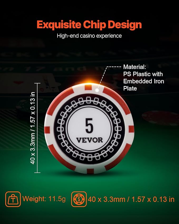 VEVOR Poker Set, 500-Piece Complete Poker Playing Game Set for Texas Hold'em, Blackjack, Gambling, Poker Chip Set with Aluminum Carrying Case, 11.5 Gram Casino Chips, Cards, Buttons and Dices