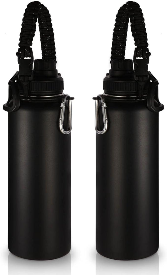Volhoply Insulated Water Bottles Bulk 2 Pack, 40 oz Stainless Steel Sports Bottle with Paracord Handle & Spout Lid,Metal Travel Water Cups with Wide Mouth,Reusable Big jug for Adults(Black,2 Set)