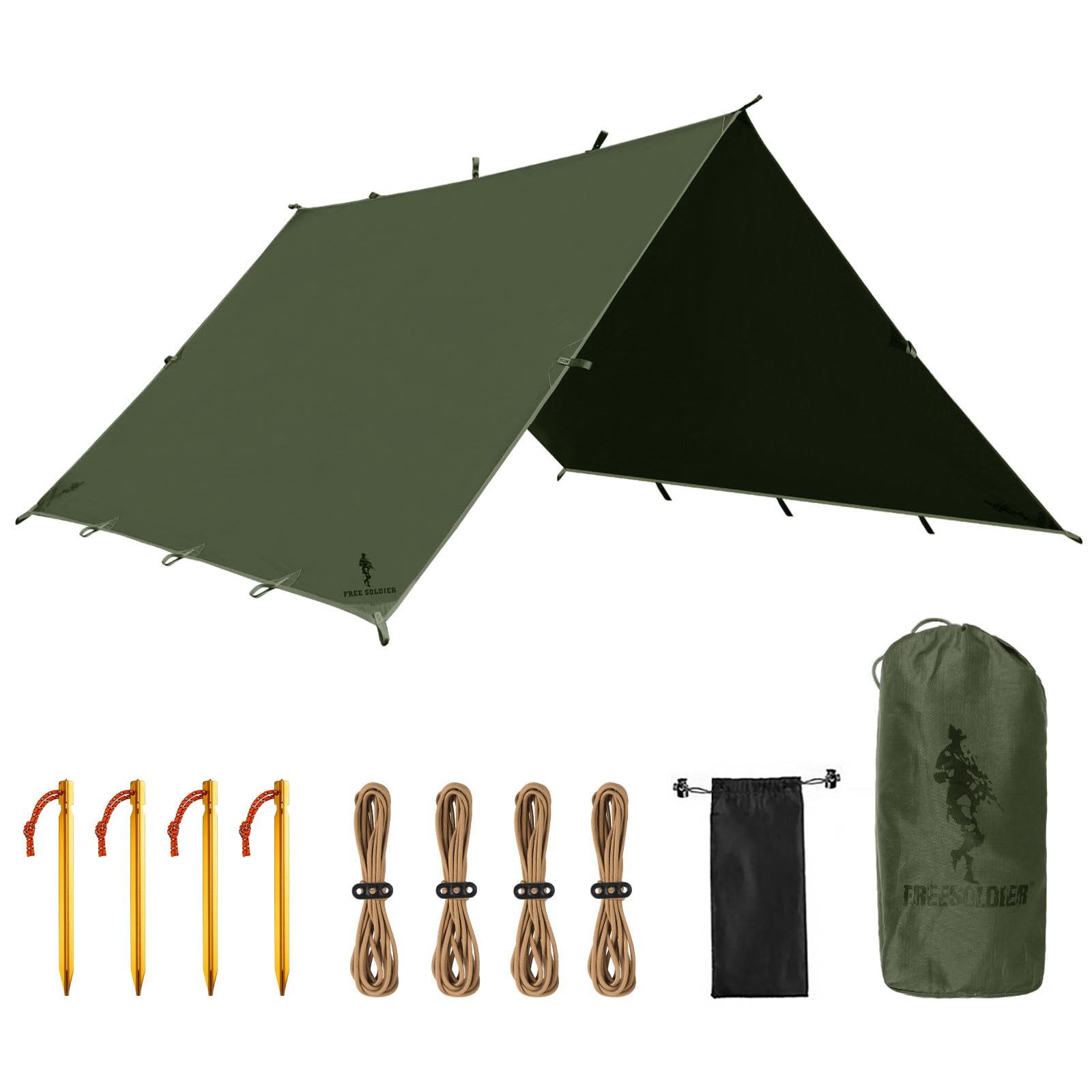 FREE SOLDIER Waterproof Camping Tarp Shelter Awning(Dark Green 13×13ft)