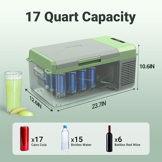 BODEGACOOLER 12 Volt Car Refrigerator, 17 Quart Portable Freezer, Car Fridge -4℉-68℉, Electric Cooler 12/24V DC100-240 Volt AC for Outdoor, RV, Camping, Travel, Vehicles, Home Use
