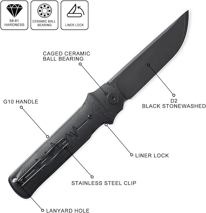 Petrified fish PFB04 Tena Folding Knife, 3.82" D2 Steel Black Stonewashed Blade G10 Handle Pocket Folding knife for EDC Camping Outdoor (Black Black Stonewashed)