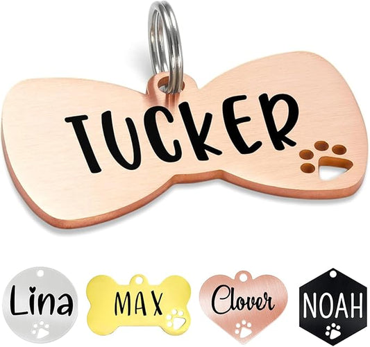 Ultra Joys Dog Tags Personalized for Pets - Hollow Paw Custom Pet ID Tag - Engraved Dog Tag for Small, Large Dogs - Large Bow Tie in Rose