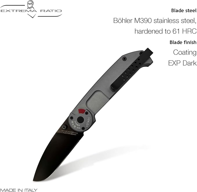 Extrema Ratio - BF2 CD M390 (Grey) Folding Knife, M390 steel blade 60 HRC, grey satin finish, anodized aluminum handle, reversible clip, ergonomic design, Italian craftsmanship, durable folding knife
