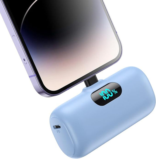 Mini Portable Charger for iPhone,Upgraded 5000mAh PD Fast Charging Battery Pack,LCD Display Cute Power Bank Portable Phone Charger for iPhone 14/14 Pro Max/13/13 Pro/12 Pro/11/XS/XR/X/8/7/6-Light Blue