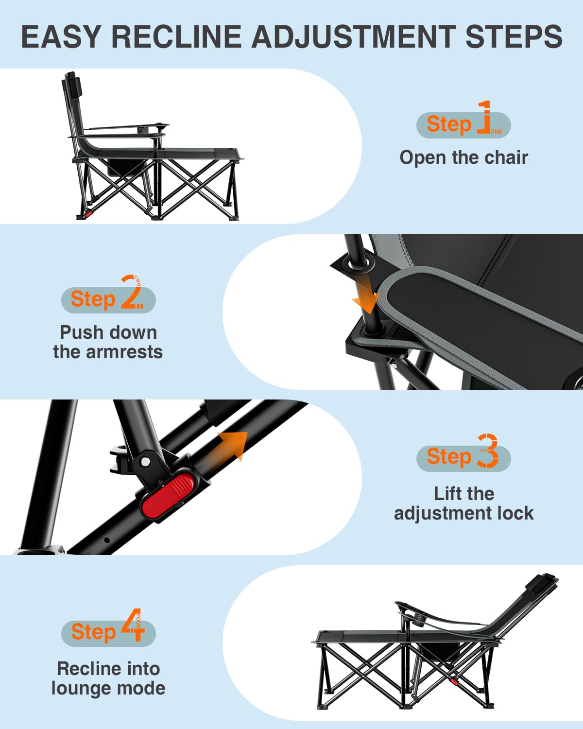 HOPERAN Camping Chair with Foot Rest, 500LBS 4-Level Reclining Beach Chair