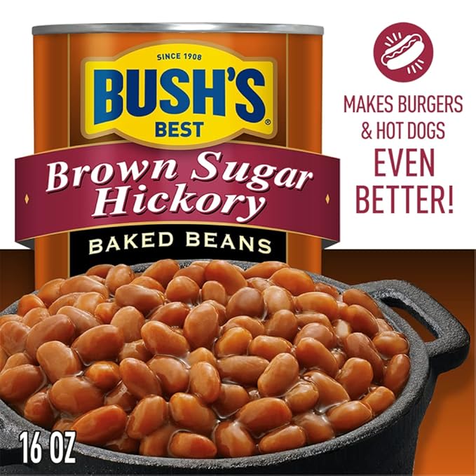 BUSH'S BEST 16 oz Canned Brown Sugar Hickory Baked Beans, Source of Plant Based Protein and Fiber, Gluten Free (Pack of 12)