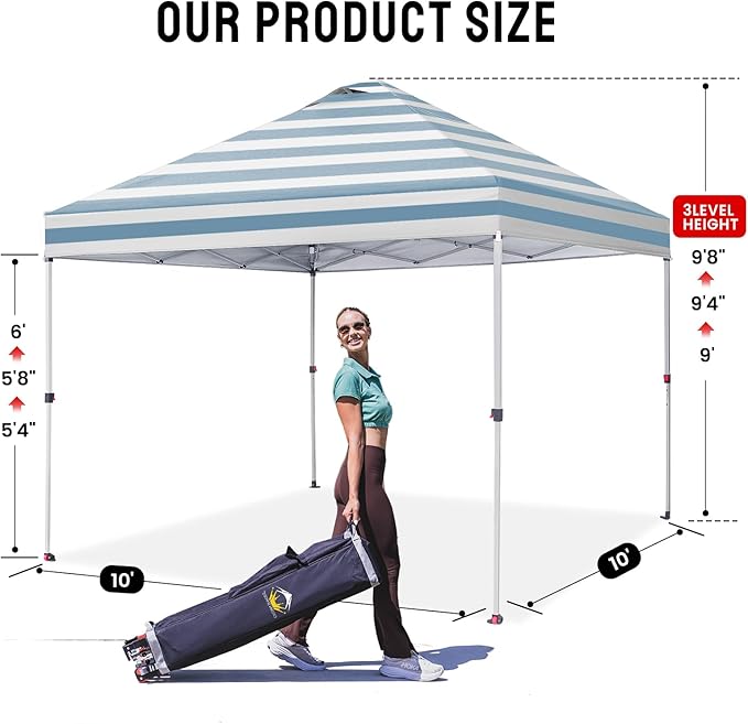 CROWN SHADES 10x10 Pop Up Canopy - Beach Tent with One Push Setup - Easy Outdoor Sun Shade for Events, Parties, Camping - Gazebo with STO-N-Go Cover Bag, Silver Coated Top, Cyan Blue Stripes