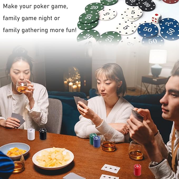 200Pcs Poker Chips, Poker Chips Set with Denominations for Card Board Game, Plastic Game Chips with Black Velvet Pouch Bag, Math Counting Chips,Game Night Party Supplies
