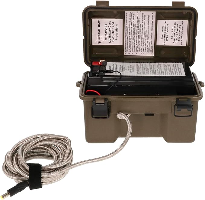 STEALTH CAM 12V Battery Box Kit - Portable Compact Waterproof Sealed Battery Charging Box for Hunting Trail Cameras w/ External Power Jack | AC Charger, 10Ft Steel Cable Included