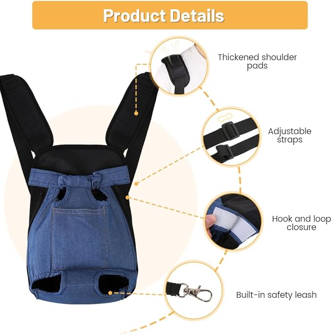 Inspack Dog Backpack Carrier/Cat Carrier, Adjustable Pet Front Carriers Travel Bag for Puppy Medium Dogs, Legs Out, Soft Ventilated Dog Chest Carry Backpacks for Hiking/Camping, 7-11 lbs, Indigo Denim
