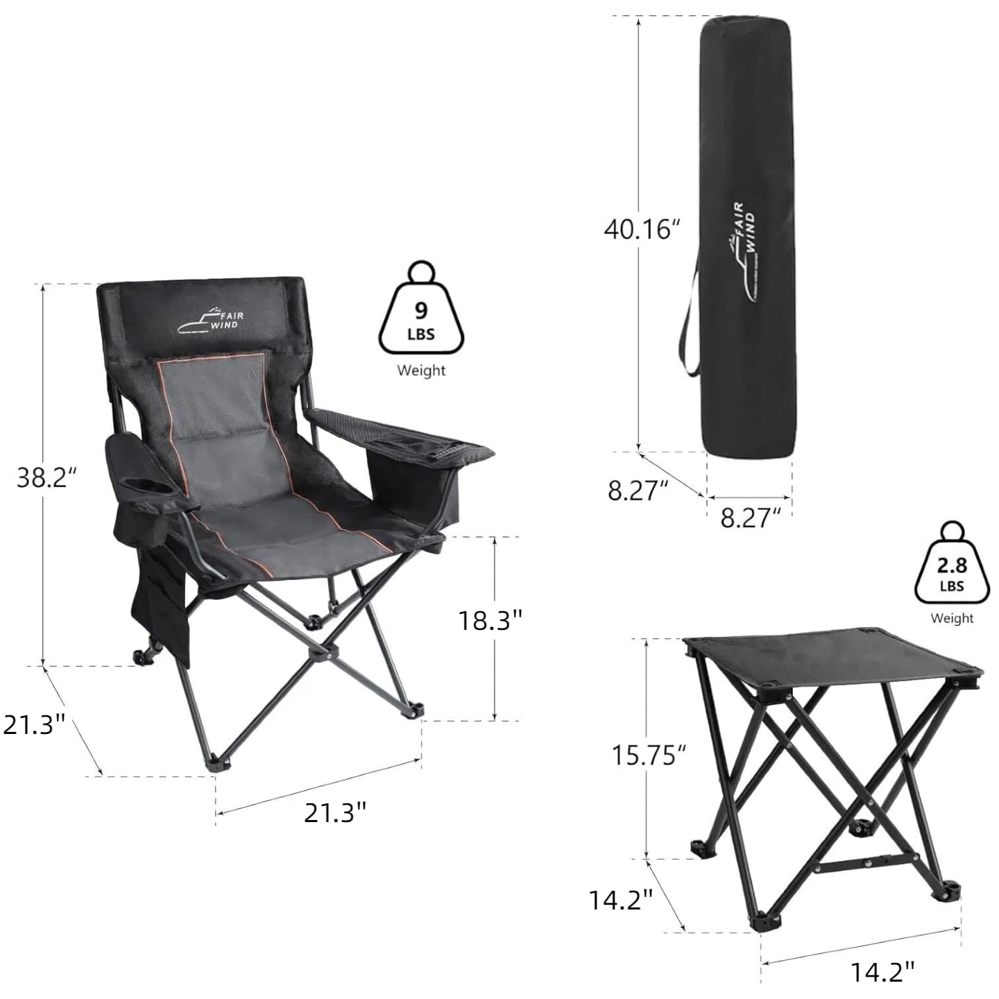 FAIR WIND Oversized Padded Camping Chair with Footrest Stool Set Heavy Duty Support 300 LBS Cooler