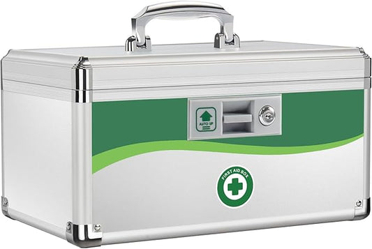 Medicine Lock Box, First Aid Safe Medication Storage Box, Layered Aluminum Daily Medicine Lockable Box with Key 14 * 8.46 * 7.48 Inch (Large)