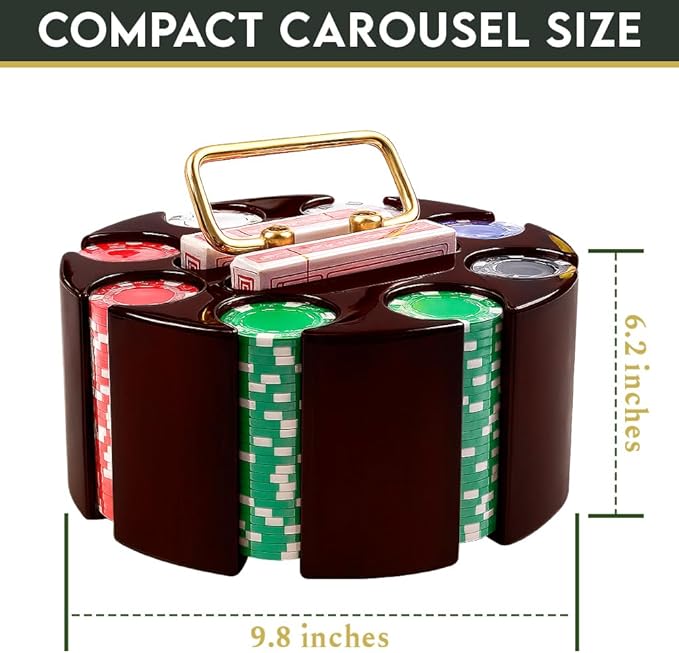 Poker Set, 200pcs 11.5gr Hefty Casino Chip Set with Solid Wooden Rotating Carousel Case and 2 Decks of Game Play Cards Kit for Beginners Casual and Professional Holdem Blackjack Poker Players