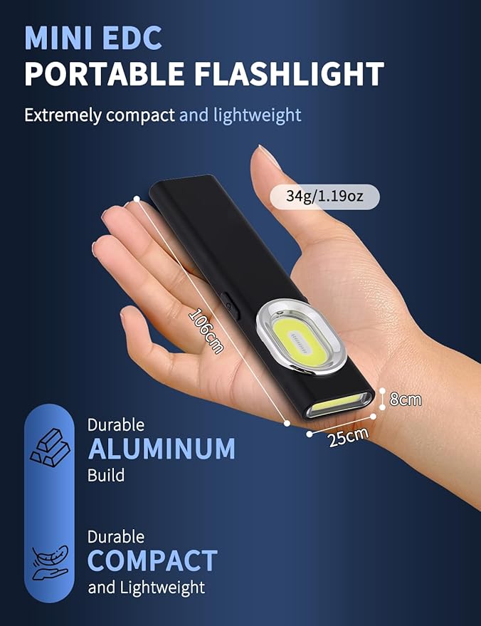 ZoLLa Mini EDC Flashlight,600 Lumen,450mAh for 8-Hour Battery Life,USB-C Rechargeable,IPX4 Water Resistant,Magnetic Base,Hat & Clothes Clip,for Everyday Carry & Travel