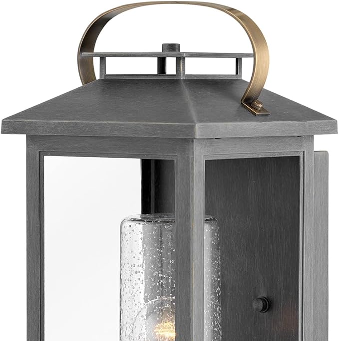 Hinkley Atwater Single Light Medium Wall Mount Outdoor Lantern - Composite Material, Clear Seedy Glass, Anti-Fading - Ash Bronze Finish with Brass Accents