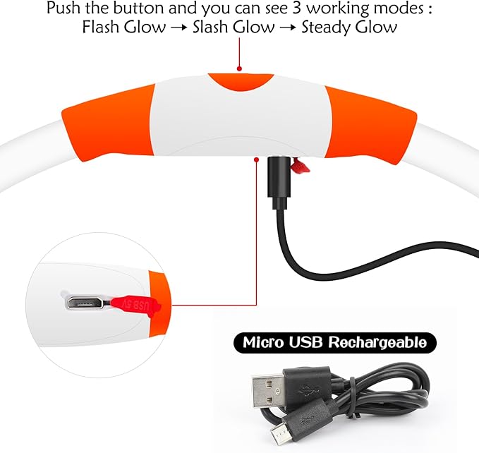 Illumifun LED Dog Collar, USB Rechargeable Light Up Dog Collars, TPU Cuttable Glow Dog Collar Lights for Night Walking (Orange)