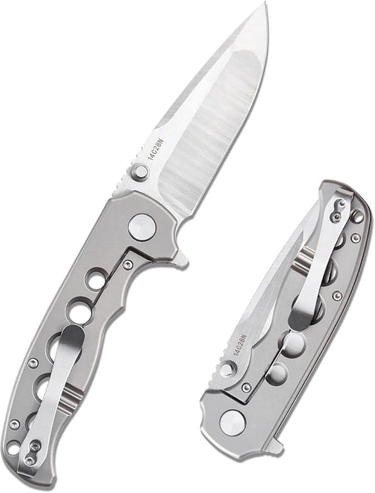 Men's Folding Pocket Knife – 3.4" Sandvik 14C28N Blade CNC Titanium Handle Ceramic Bearings, Liner Lock Deep Pocket Clip – EDC Knife for Outdoor Hiking, Survival Use