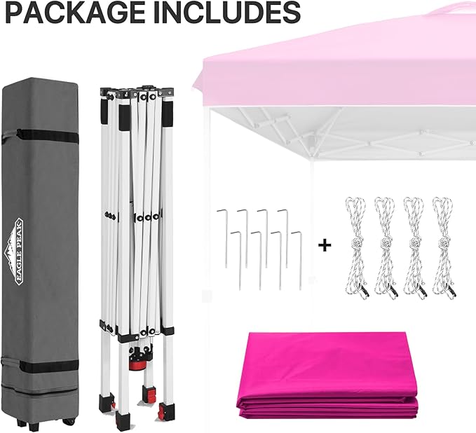 EAGLE PEAK Pop Up Canopy Tent with Wheeled Carry Bag, 8 Stakes, 4 Ropes, Easy Set Up Tent Canopy, 8x8 ft, Pink