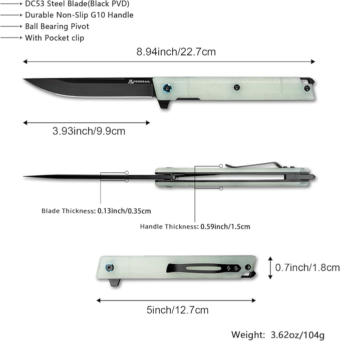 Flipper Pocket Folding Knife,DC53 Steel Blade and G10 Handle. With pocket clip and glass breaker,men's pocket knife hiking trip EDC tool Knife (Natural G10 Handle-D)