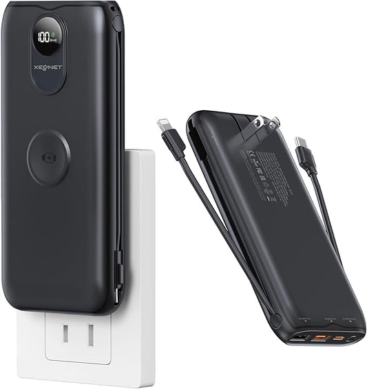 Portable Charger, 10000mAh 22.5W USB C Power Bank Built in Cables, AC Wall Plug and Led Display, External Battery Pack Fast Charging, Travel Essentials for iPhone, Android Cell Phone, Tablet, iWatch