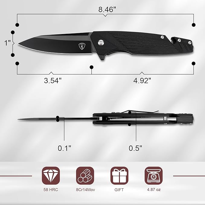 AUBEY Pocket Knife, 8Cr14Mov Steel Blade 3.54", 3-in-1 Folding Knife for Men, Tactical Multitool Knife with Glass Breaker Seat Belt Cutter for EDC Outdoor Survival Camping Hiking (G10 Handle)