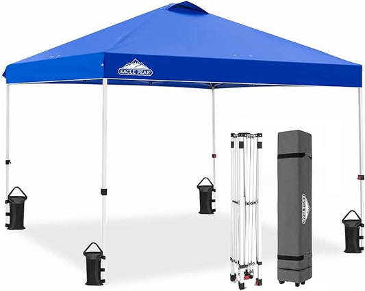 EAGLE PEAK Pop Up Canopy Tent with Wheeled Carry Bag, 8 Stakes, 4 Ropes, 4 Weight Bags, Easy Set Up Tent Canopy, 10x10 ft, 100sqft of Shade, Blue