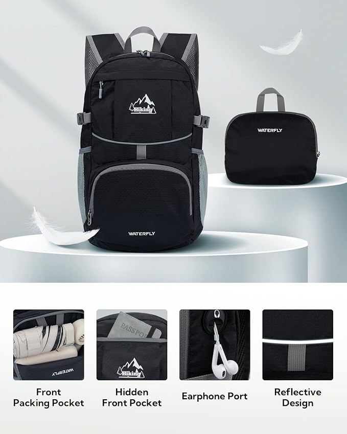WATERFLY Packable Hiking Daypack Backpack: 25L Ultra Lightweight Foldable Waterproof Outdoor Travel Day Pack for Women Men