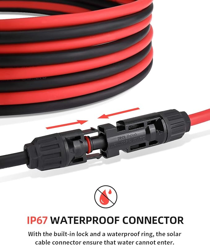 BougeRV 30 Feet 10AWG Solar Extension Cable with Female and Male Connector with Extra Pair of Connectors Solar Panel Adaptor Kit Tool (30FT Red + 30FT Black)