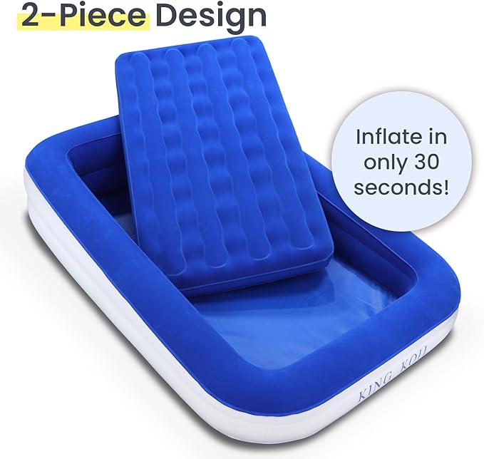 King Koil Luxury Toddler Inflatable Child Airbed, Travel Bed with Built-in Safety Bumper, Portable Air Mattress for Kids, Includes High-Speed Pump - Blue