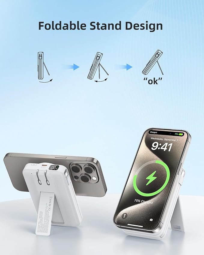 for Magsafe Battery Pack 10000mAh Magnetic Power Bank, 22.5W PD 3.0+QC 4.0 Super Charging Wireless Portable Charger, Built-in Cables &AC Wall Plug &Stand &LED Display for iPhone 17/16/15/14/13 Series