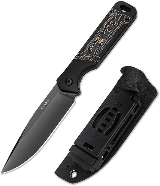 Kizer Militaw Fixed Blade Knife with Sheath, S35VN Blade Camping Knife with Aluminium+Fat Carbon Handle, Fixed Blade EDC Knives for Men Women Gift, Outdoor Hunting Hiking Survival Knives 1067A1