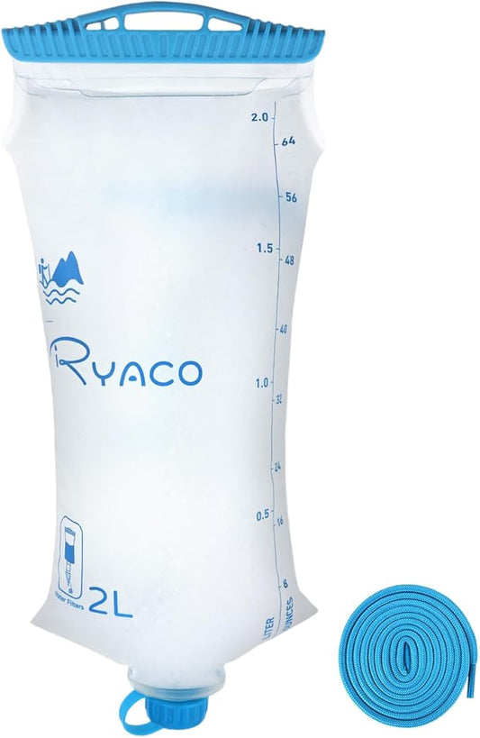 RYACO Water Bag 2L Compatible with Sawyer Squeeze Water Filter, Outdoor Water Container, Water Filter Bag with Durable TPU Material Collapsible Hydration Canteens for Camping Hiking Cycling Fishing