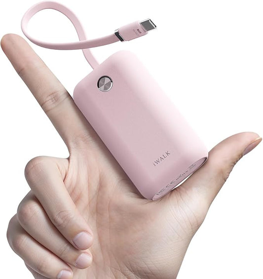 iWALK Mini Portable Charger 10,000mAh, 22.5W USB-C Fast Charging Power Bank with Built-in Cable, Travel Essential Ultra-Small Battery Pack Compatible for iPhone 17/16/16 Pro/15, Samsung, Google, Pink